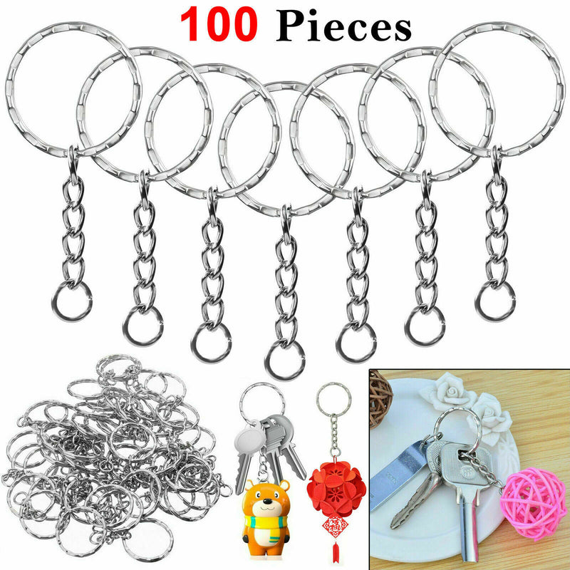 100 Pcs Silver Split Key Ring Blanks Tone Key Chains Rings 4 Link Chain