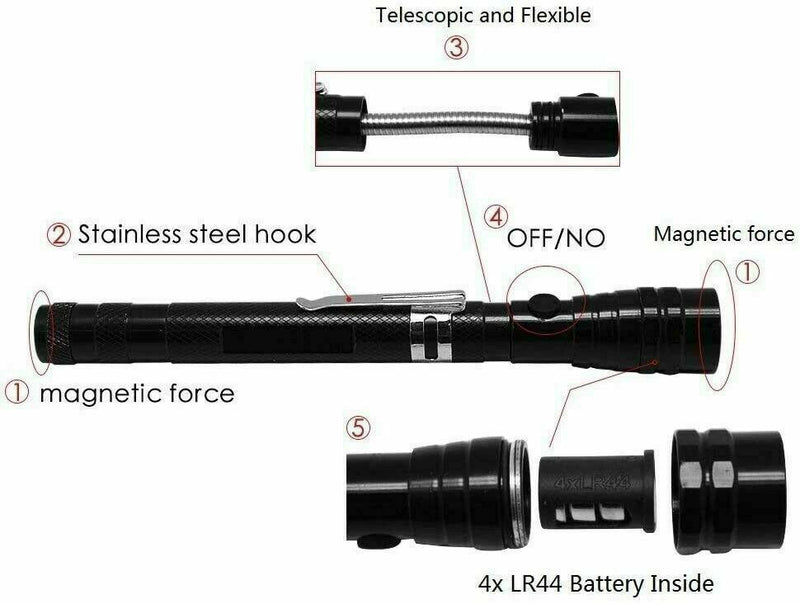 3 LED TELESCOPIC TORCH EXXTENDABLE PICK UP TOOL WITH BRIGHT LED + STRONG MAGNET