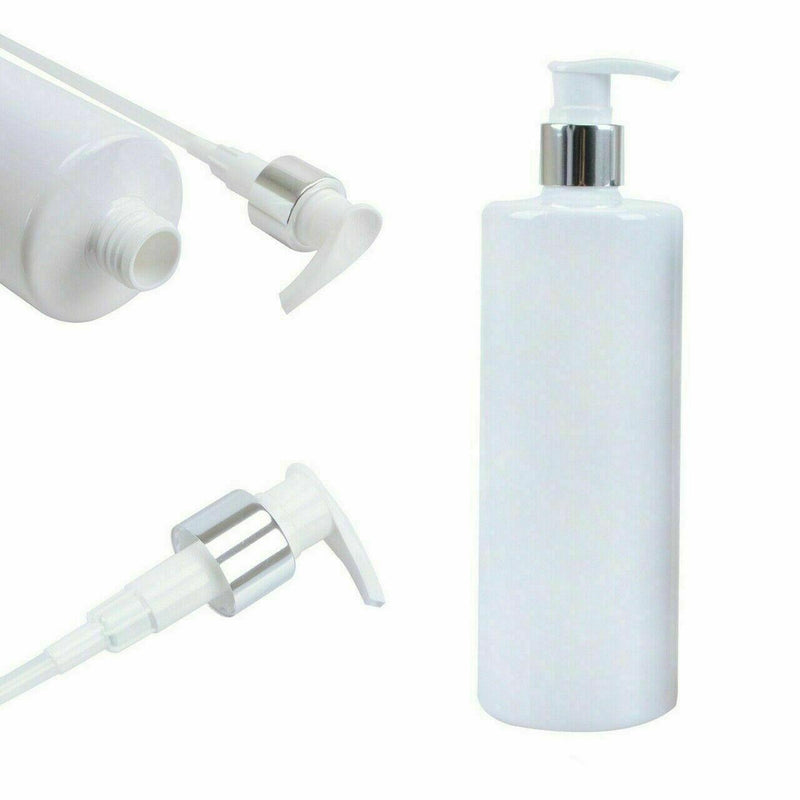 500ml White Cylindrical PET Plastic Bottle & Silver/White Lotion Pump Large