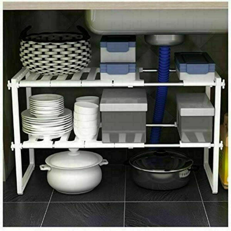 Under Sink Storage Caddy Multi Purpose Rack Adjustable Tidy 2 Tier Shelf Kitchen